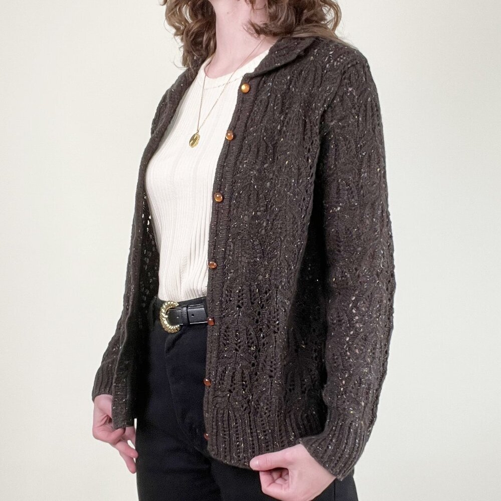 Vintage Wool Blend Cardigan Sweater Open Knit Cottagecore Rustic Cozy Romantic - Picture 4 of 9